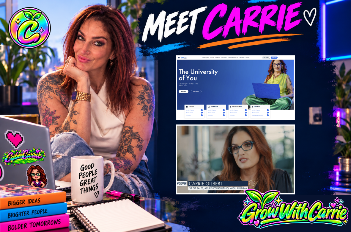 Personal brand introduction featuring Carrie Gilbert's creative and professional identity